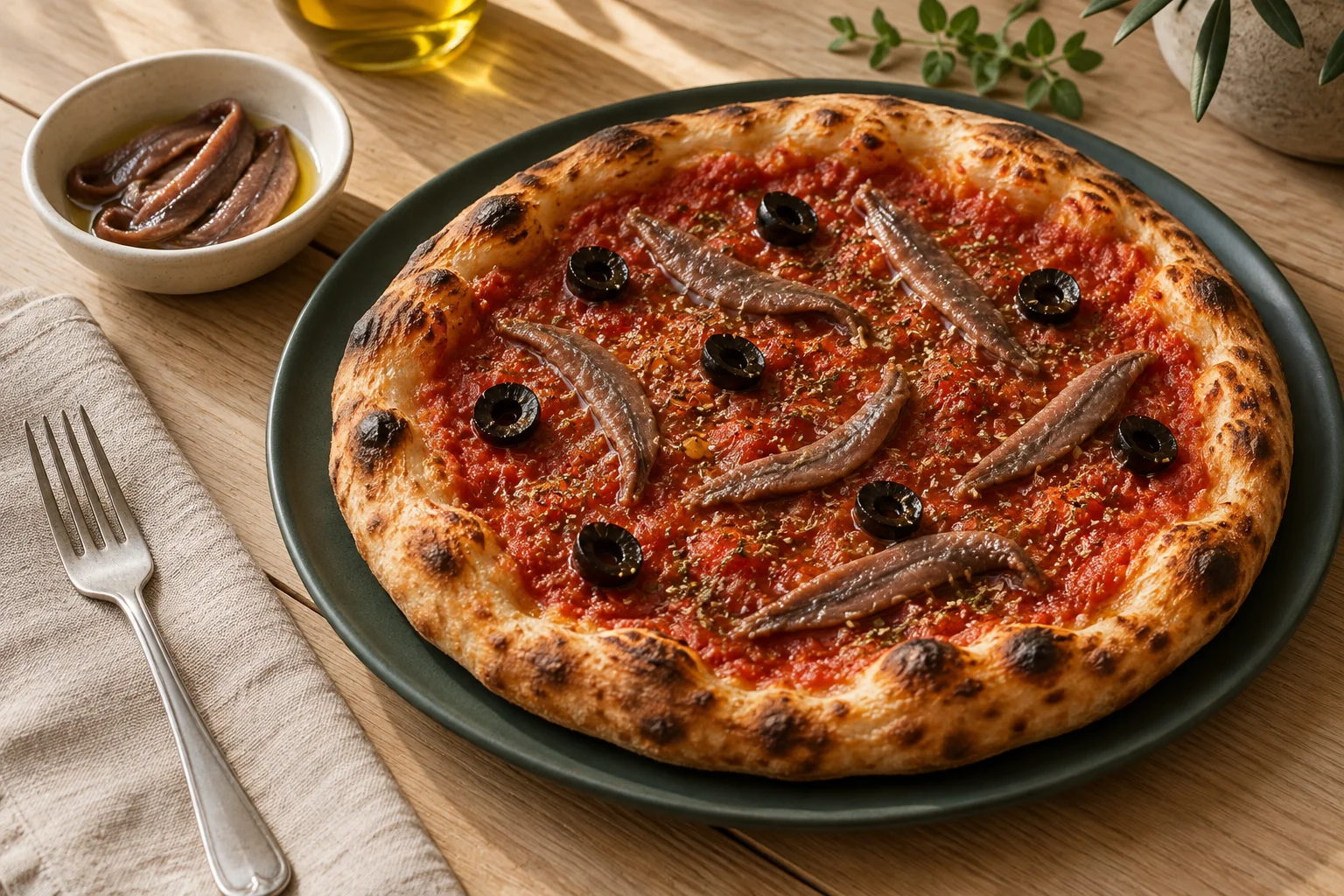 Pizza mit schmalen Sardellenfilets auf Tomatensauce und wenigen Oliven