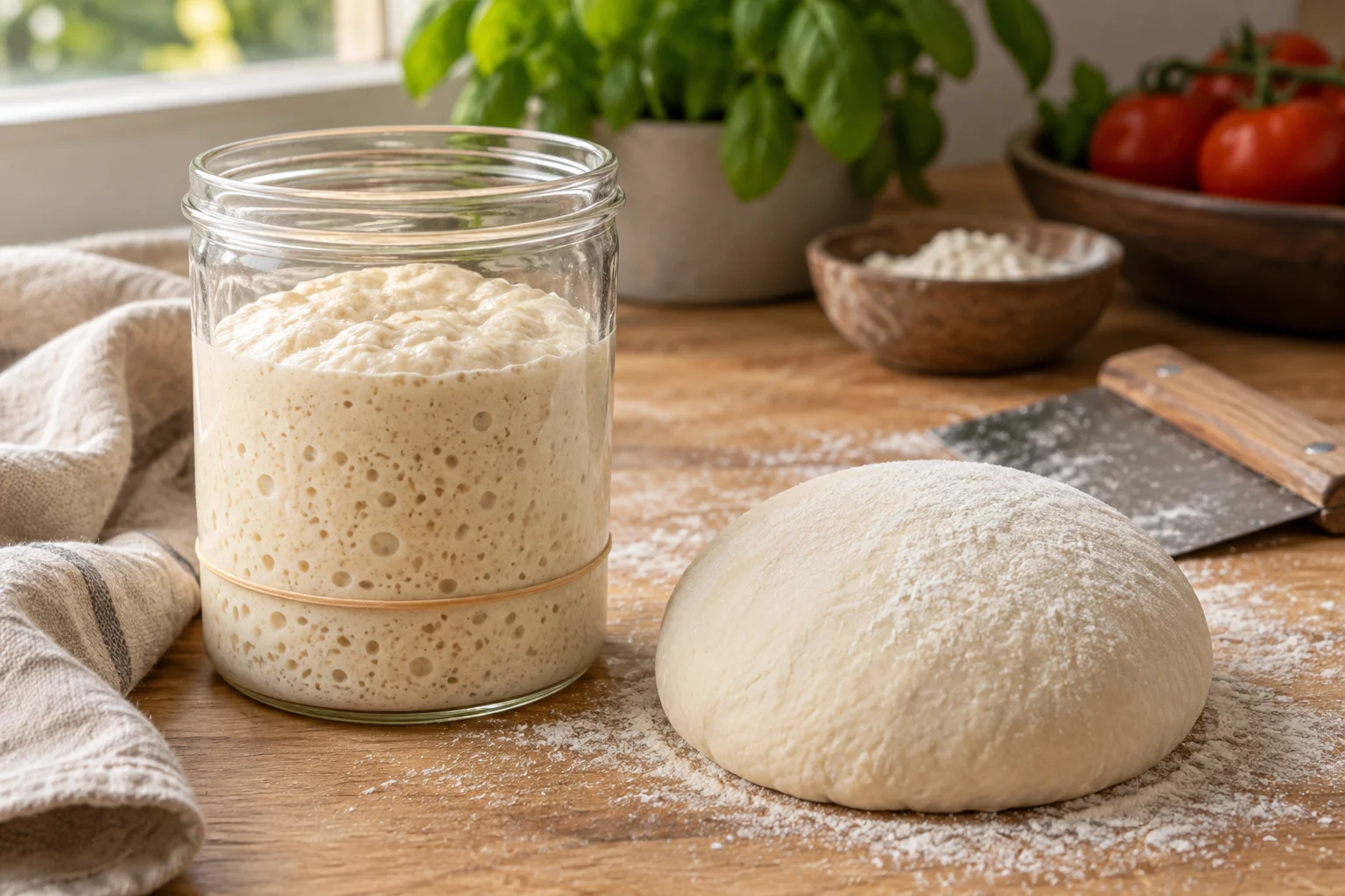 Aufgegangener Weizensauerteig im Glas neben einem Pizzateigling und einer Teigkarte