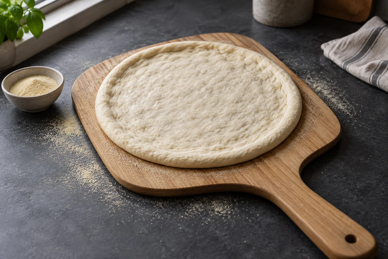 Unbelegter Pizzaboden auf einer dünn mit Semola bestäubten Holzschaufel