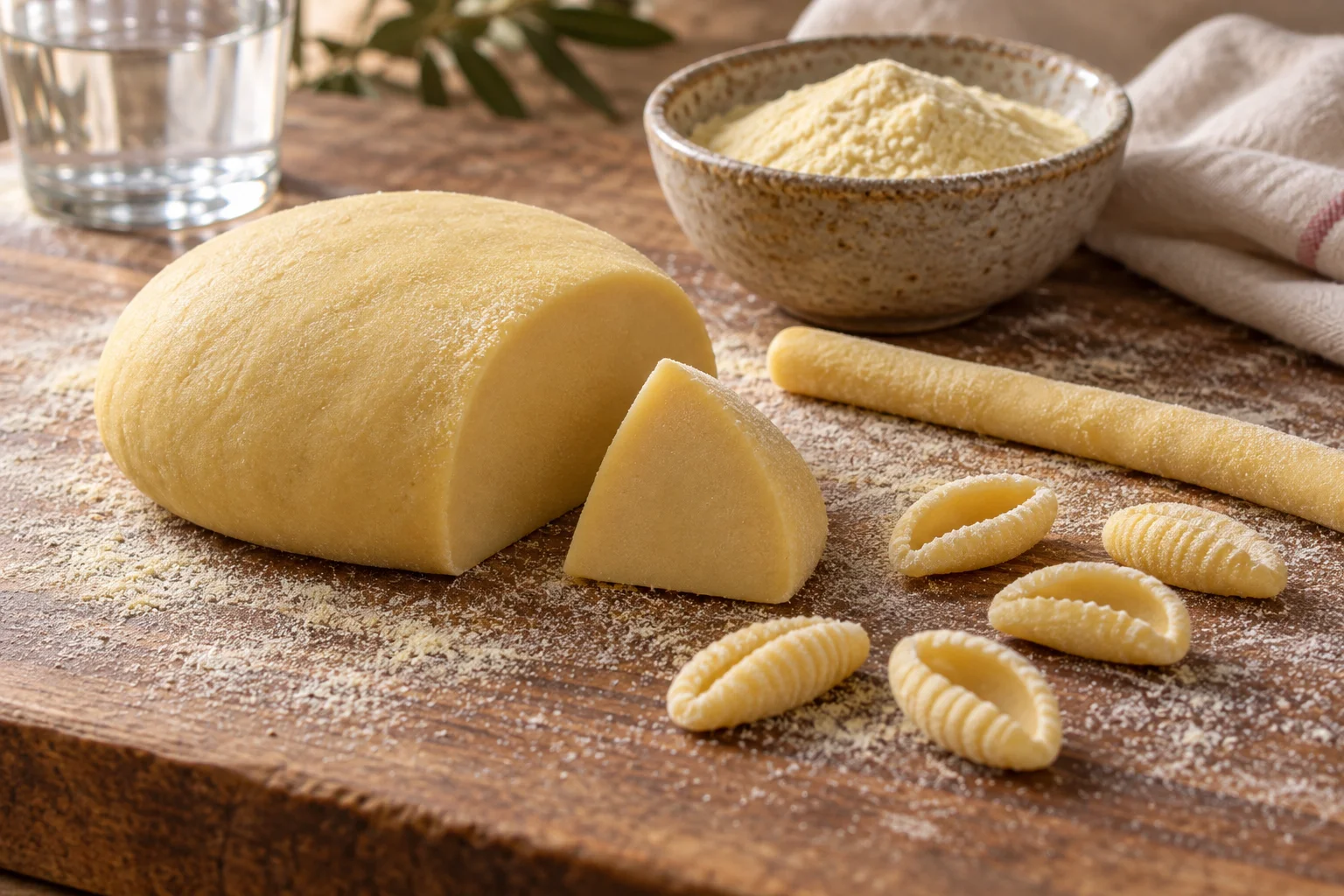 Semola-Pastateig mit angeschnittenem Teigstück und kleinen Cavatelli auf einem Holzbrett