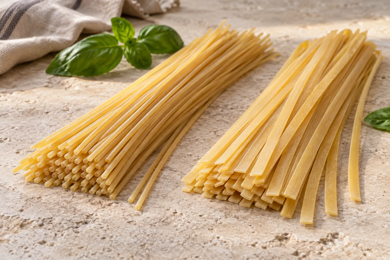 Runde Spaghetti und flache Linguine als getrennte trockene Bündel