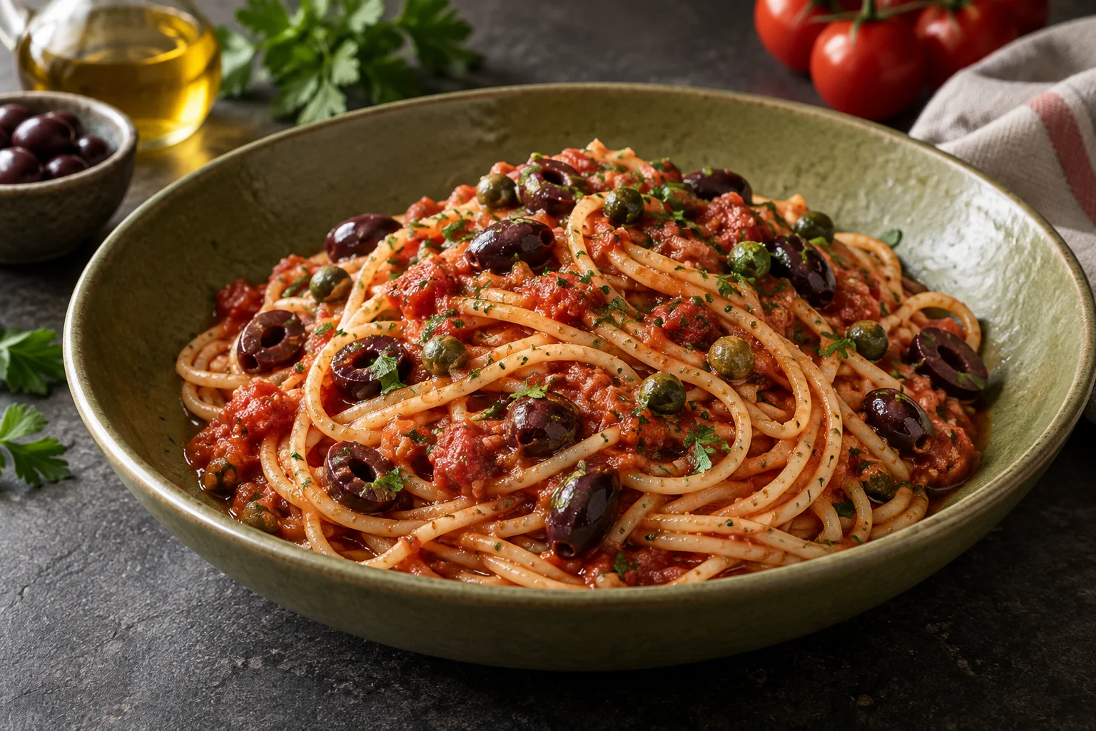 Spaghetti mit Tomatensauce, dunklen Oliven, Kapern und gehackter Petersilie in einer grünen Schale