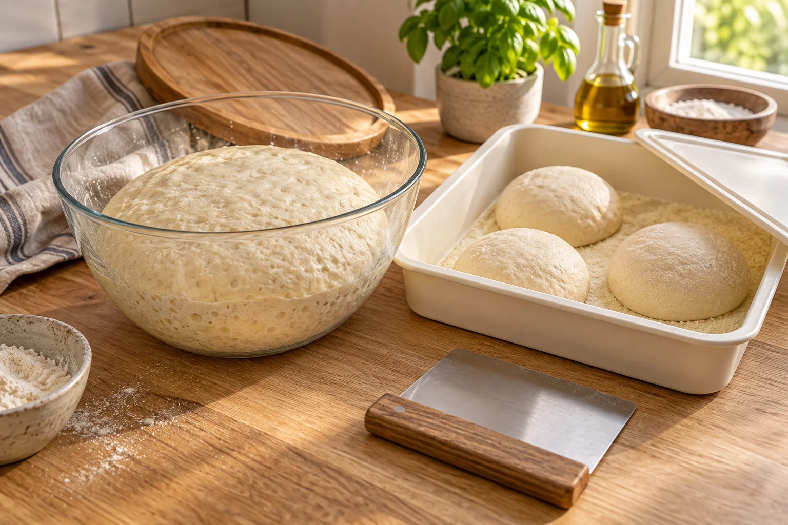 Zusammenhängender Pizzateig in einer Glasschüssel neben einzelnen Teiglingen in einer flachen Gärform