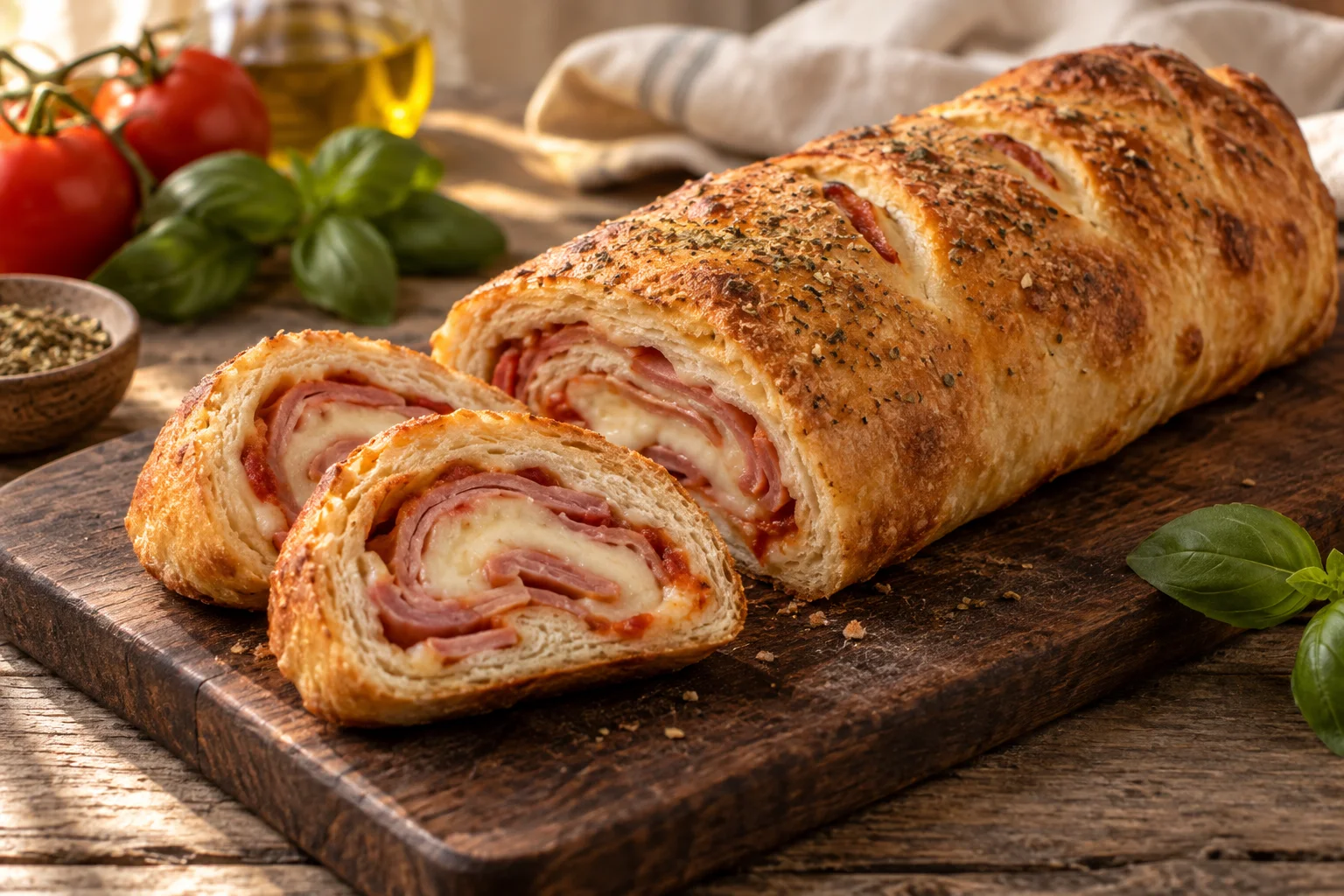 Goldbraune Stromboli mit angeschnittenen Scheiben und einer Füllung aus Kochschinken, Mozzarella und wenig Tomatensauce