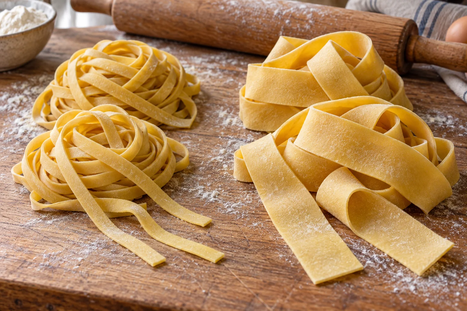 Schmale Tagliatelle und breitere Pappardelle als lockere Nester auf einem Holzbrett