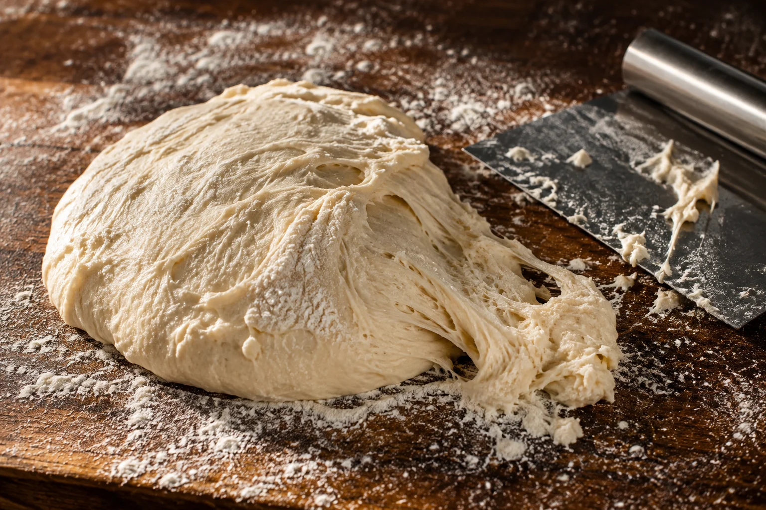 Klebriger Pizzateig mit eingerissener Oberfläche neben einer Teigkarte