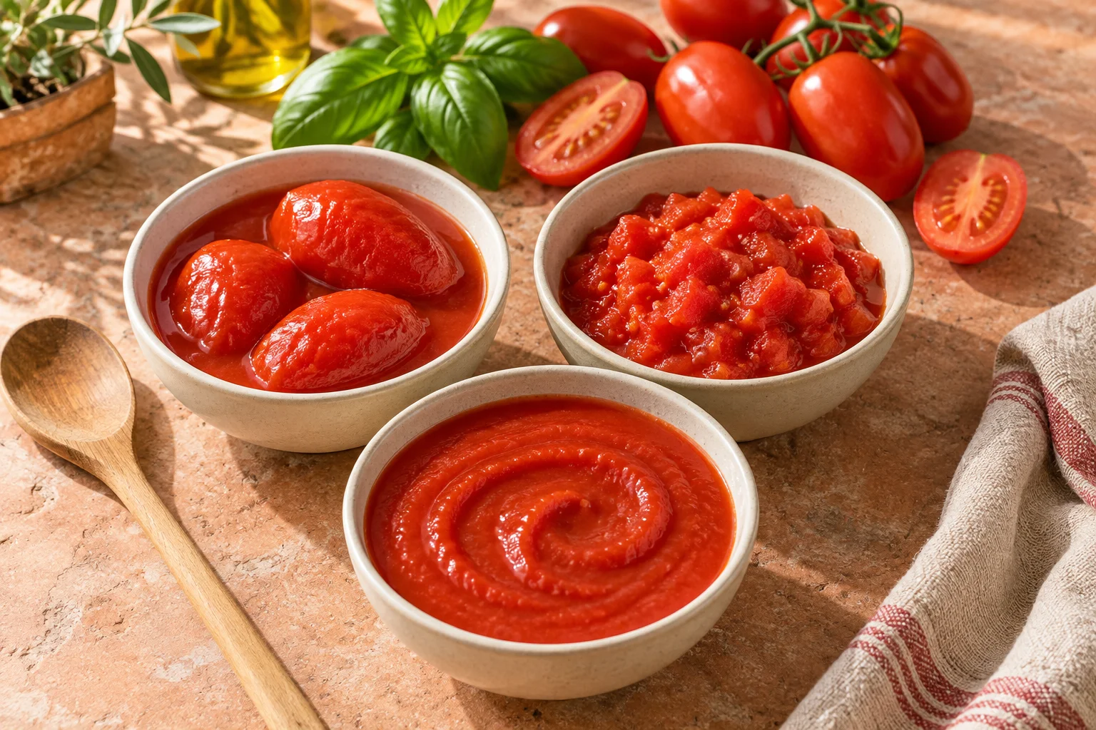 Drei Schalen mit geschälten Tomaten, zerkleinerten Tomaten und glatter Passata