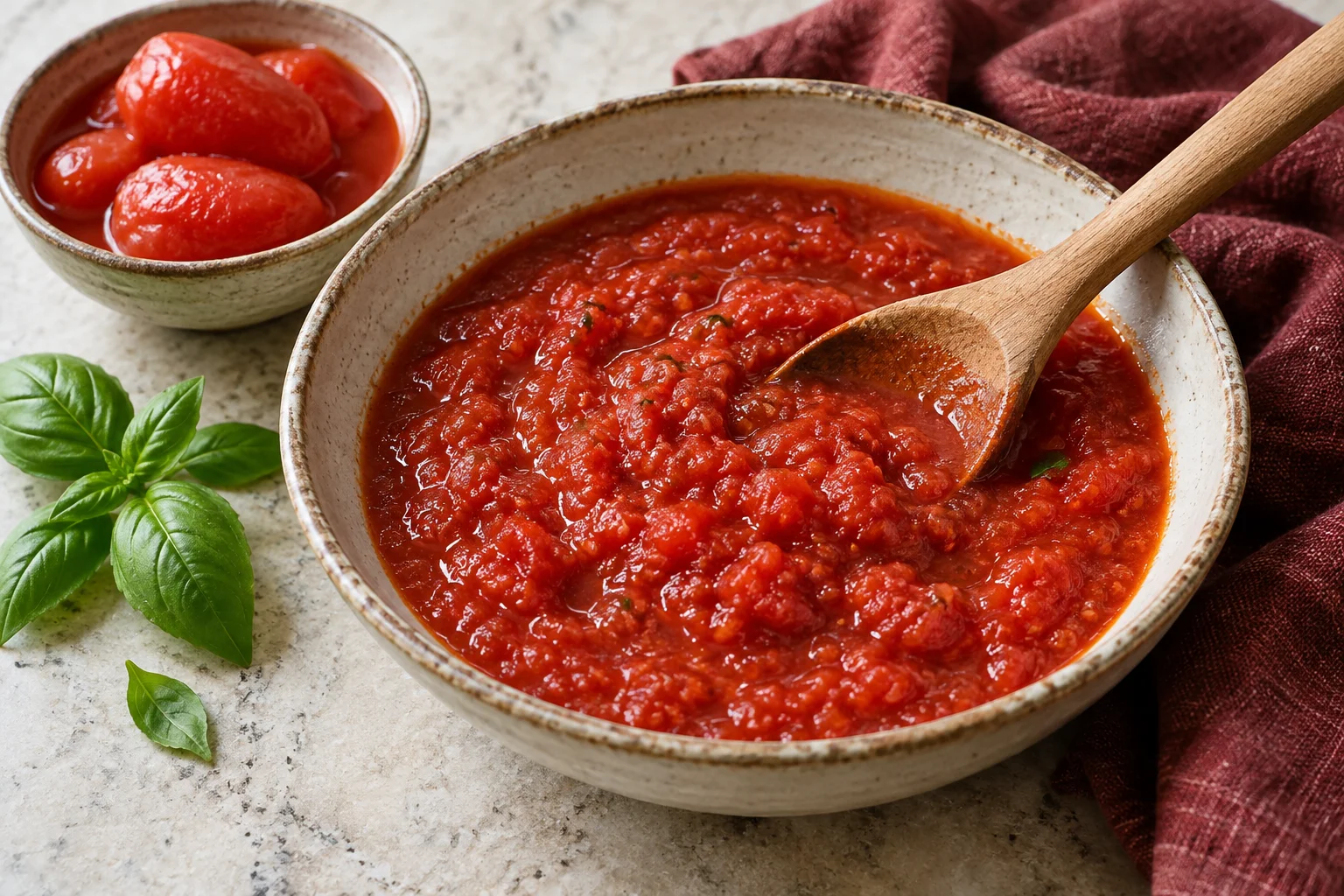 Zerdrückte Tomatensauce in einer Schale mit Holzlöffel