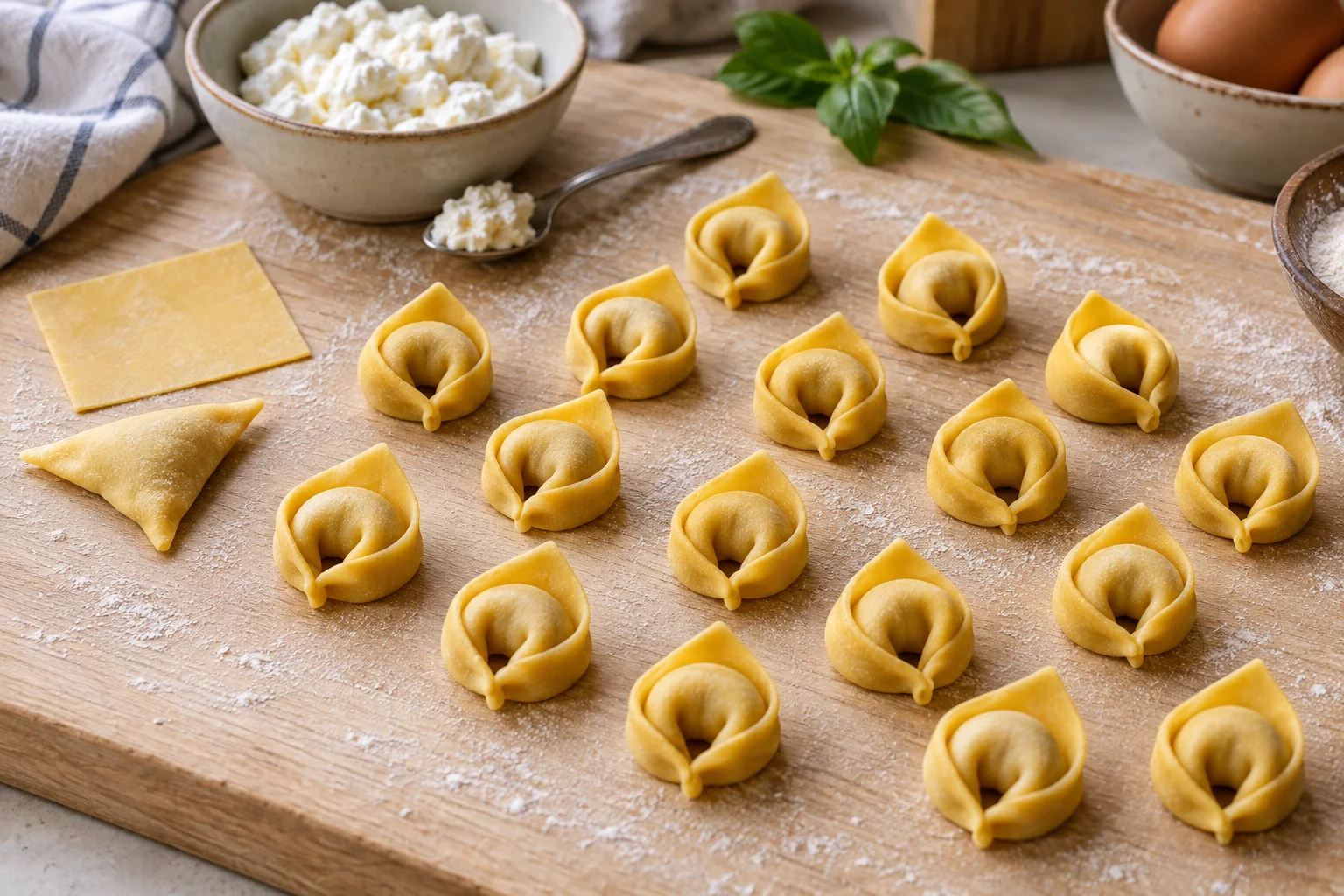 Rohe Tortellini auf einem Holzbrett neben einem Teigquadrat und einem gefalteten Dreieck