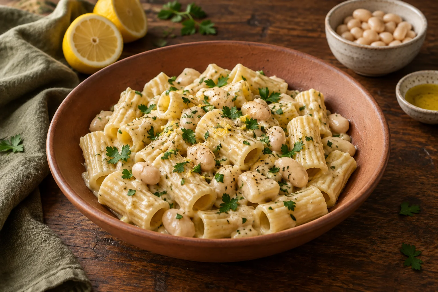 Rigatoni mit heller Bohnensauce, weißen Bohnen und Petersilie