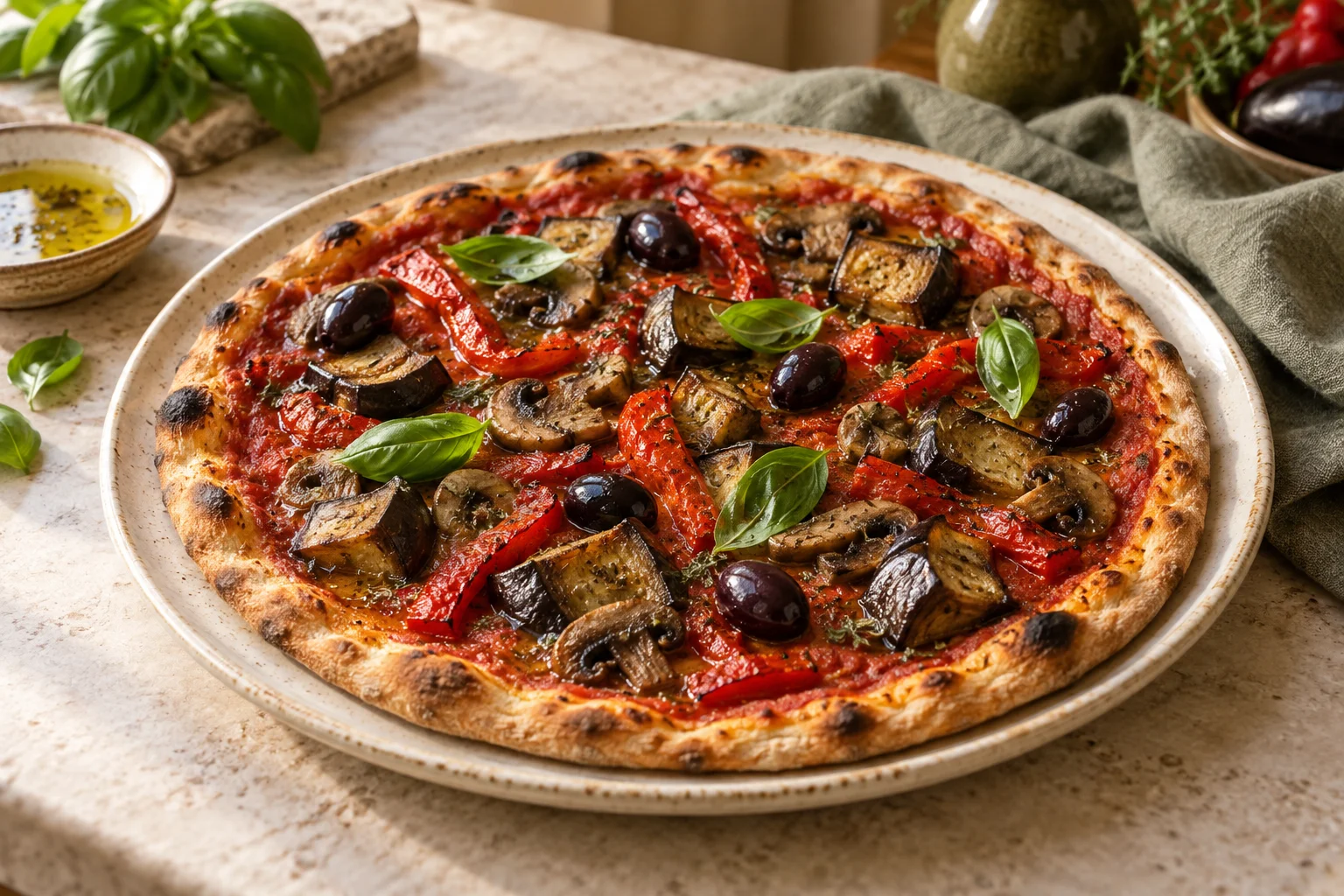 Vegane Pizza mit Tomaten, gebratenem Gemüse, Oliven und Basilikum.