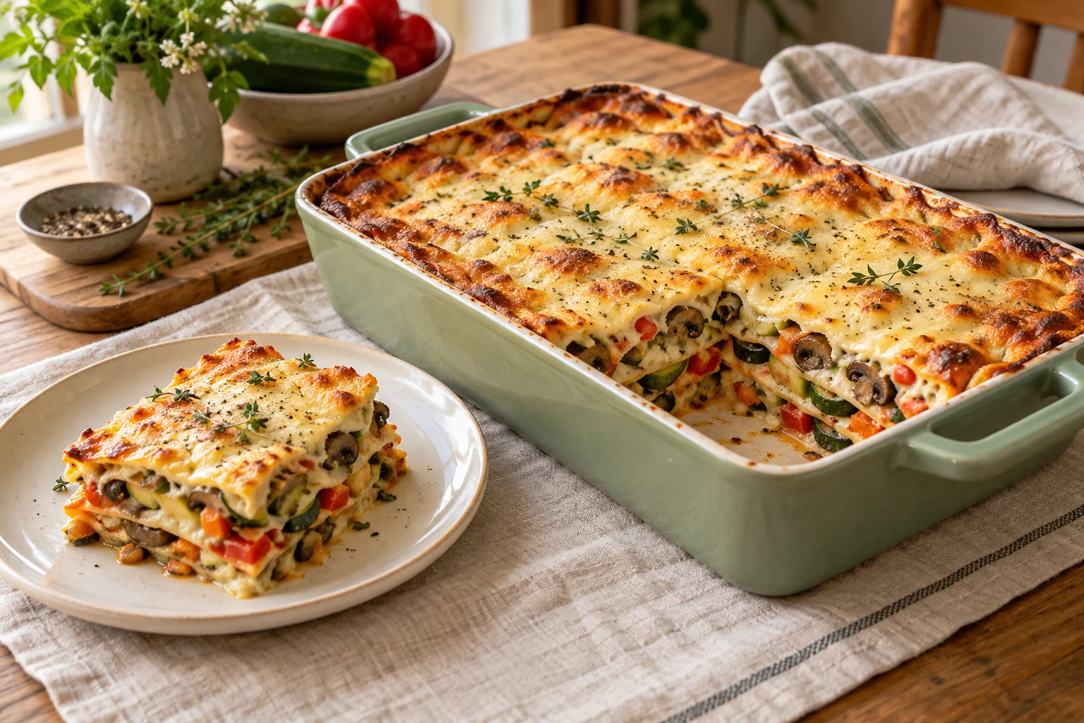 Vegetarische Lasagne mit sichtbaren Gemüse- und Pastaschichten in einer Auflaufform