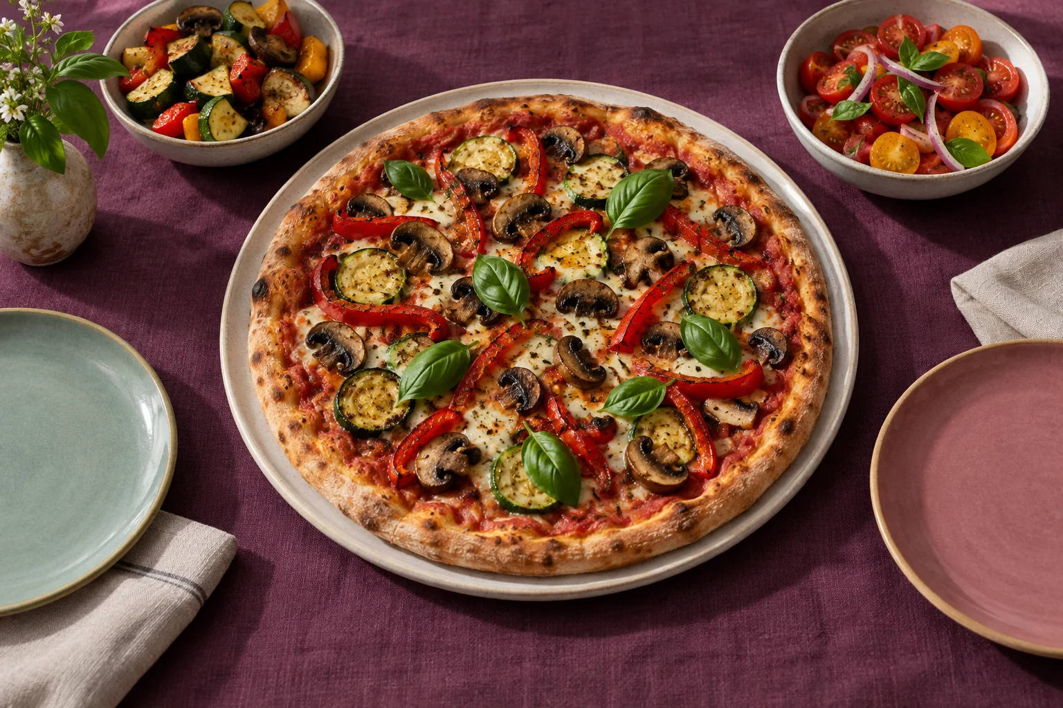 Gemüsepizza mit Paprika, Zucchini und Pilzen auf einem Tisch mit violetter Tischdecke