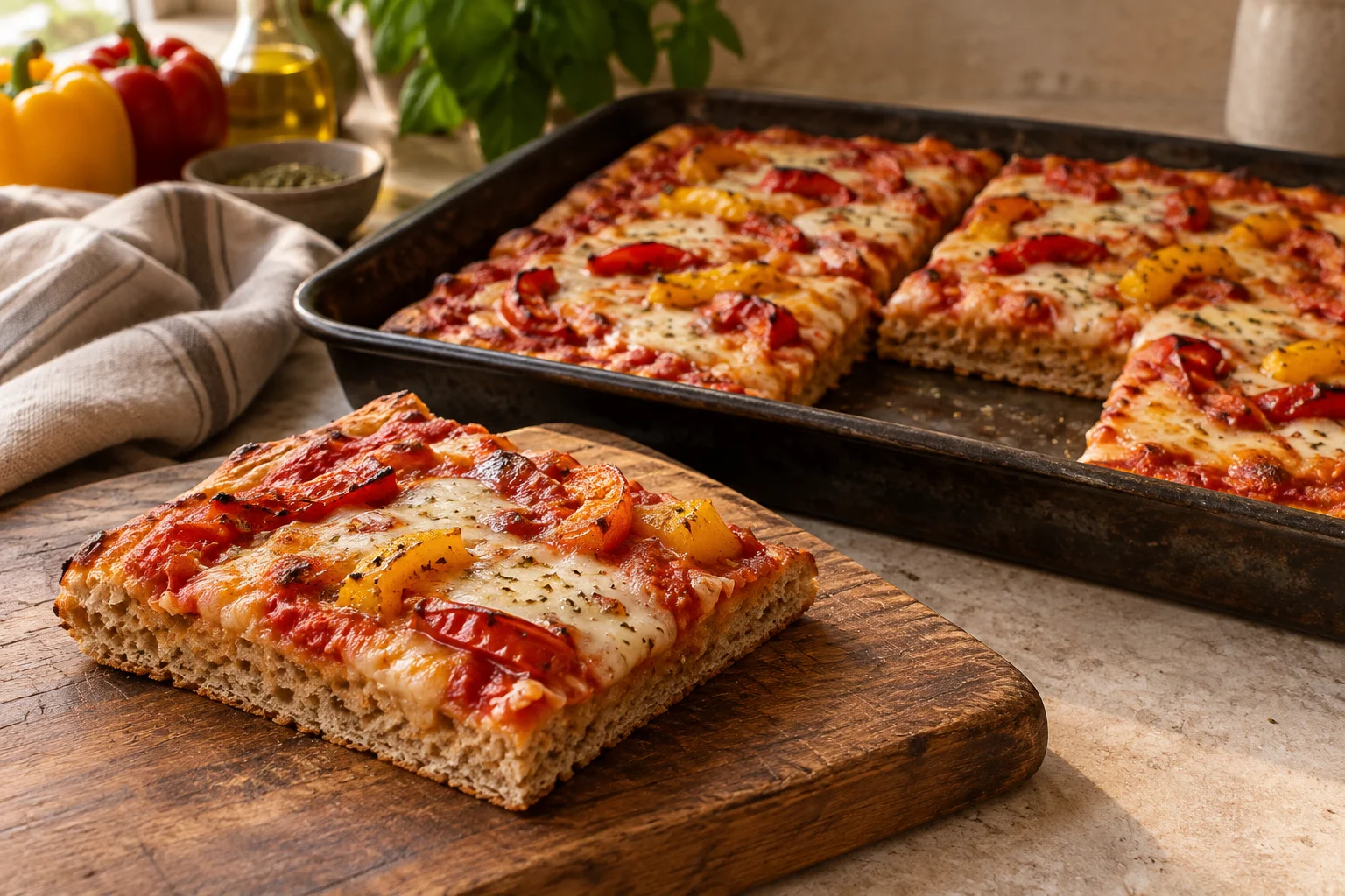 Vollkorn-Blechpizza mit Tomate, Mozzarella und Paprika, ein Stück zeigt die braune Krume