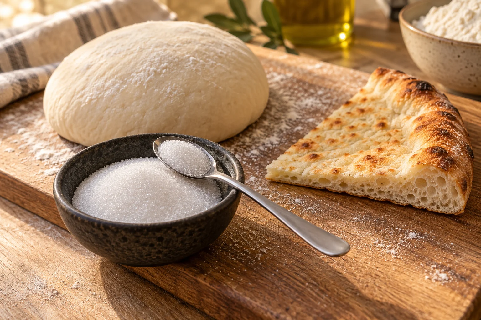 Zucker in einer dunklen Schale neben rohem Pizzateig und einem gebackenen Bodenstück